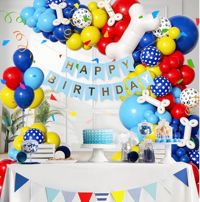 152pcs Paw Print Balloons Garland Arch Kit - Paw Themed Dog Bone Foil Balloons in Royal Blue, Yellow, Red for Baby Shower