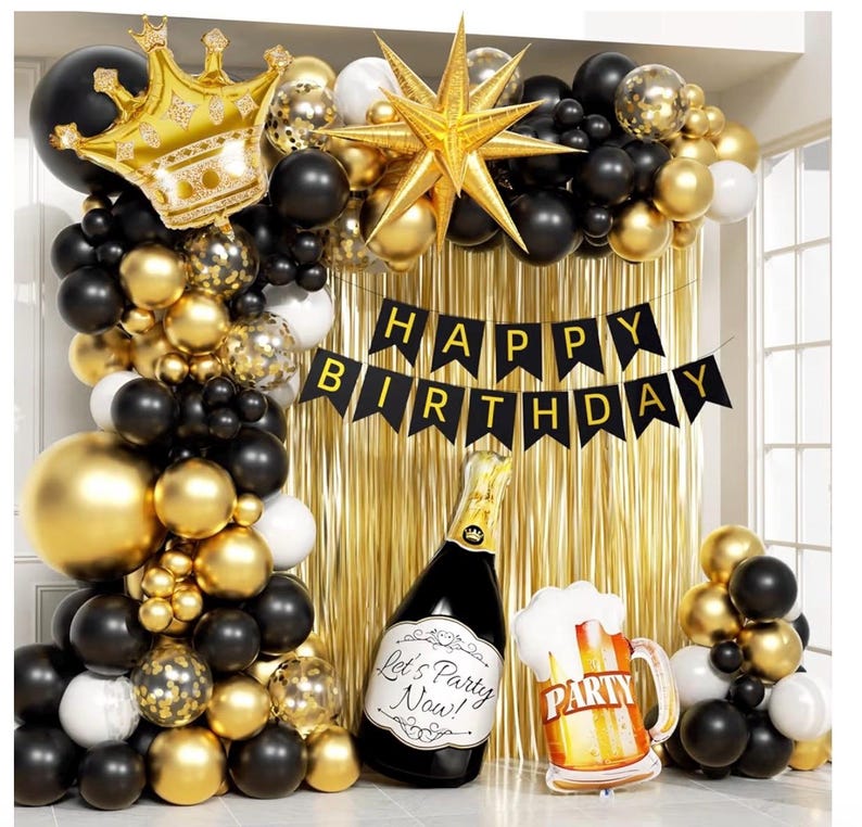 107pcs Black Gold Birthday Decorations for Men with Black and Metallic Gold Foil Balloons Happy Birthday Banner for 16th 18th 21st 24th 32th