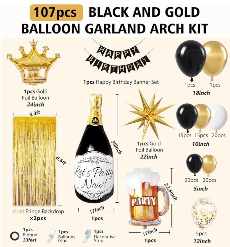 107pcs Black Gold Birthday Decorations for Men with Black and Metallic Gold Foil Balloons Happy Birthday Banner for 16th 18th 21st 24th 32th