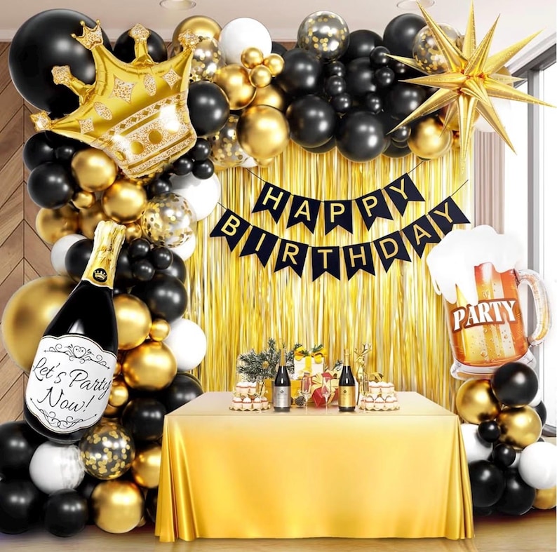 107pcs Black Gold Birthday Decorations for Men with Black and Metallic Gold Foil Balloons Happy Birthday Banner for 16th 18th 21st 24th 32th