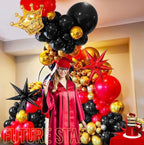Red Black Gold Balloon Garland Arch Kit with Crown Star Foil Balloons for 2025 graduation Prom Casino Theme Graduation Movie Night Party