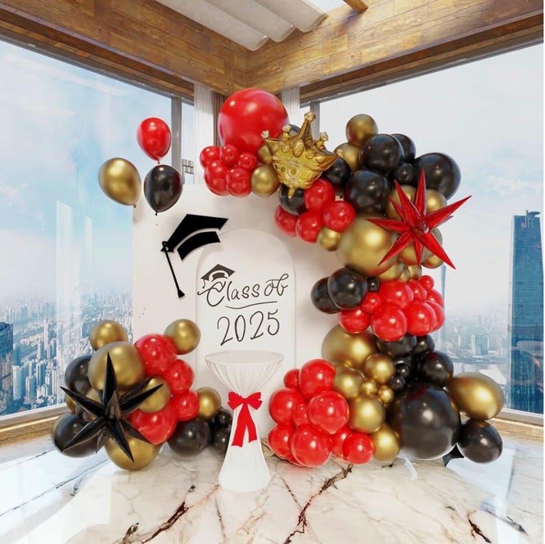Red Black Gold Balloon Garland Arch Kit with Crown Star Foil Balloons for 2025 graduation Prom Casino Theme Graduation Movie Night Party