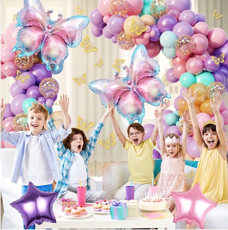 163Pcs Butterfly Pink and Purple Balloons Garland Arch Kit, Birthday Baby Shower Decorations Pink Purple Blue Confetti Star Balloons