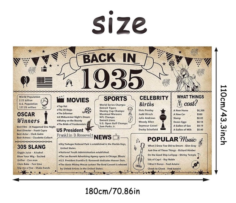 91st Birthday Party Decorations, Vintage Back in 1935 Banner 91 Year Old Birthday Party Poster Supplies Vintage 1935 Backdrop Photography