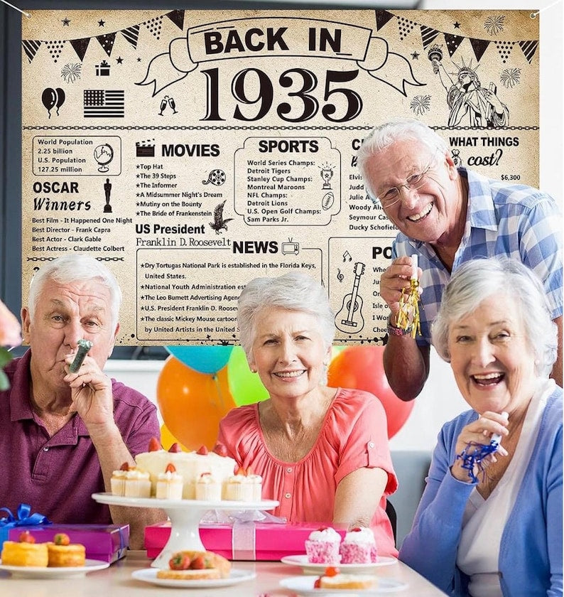 91st Birthday Party Decorations, Vintage Back in 1935 Banner 91 Year Old Birthday Party Poster Supplies Vintage 1935 Backdrop Photography
