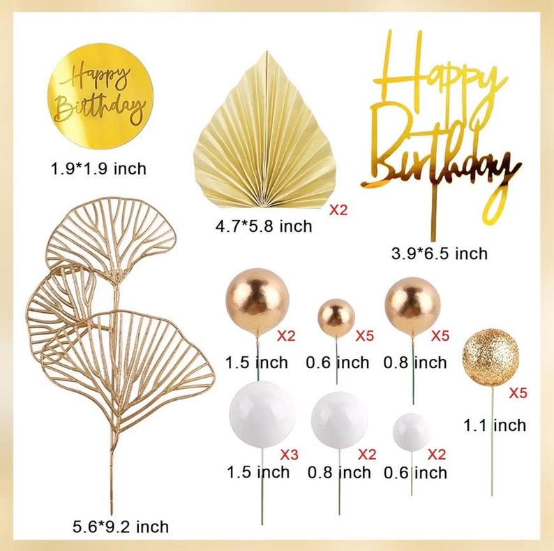 Write Gold Balls Cake Toppers Champagne Rose Cake Decoration with Gold Palm Leaves Boho Birthday Cake Decoration Balloon Cake for Birthday