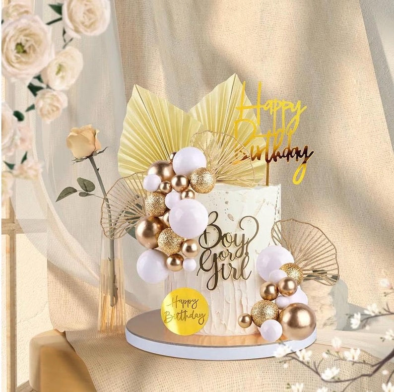 Write Gold Balls Cake Toppers Champagne Rose Cake Decoration with Gold Palm Leaves Boho Birthday Cake Decoration Balloon Cake for Birthday