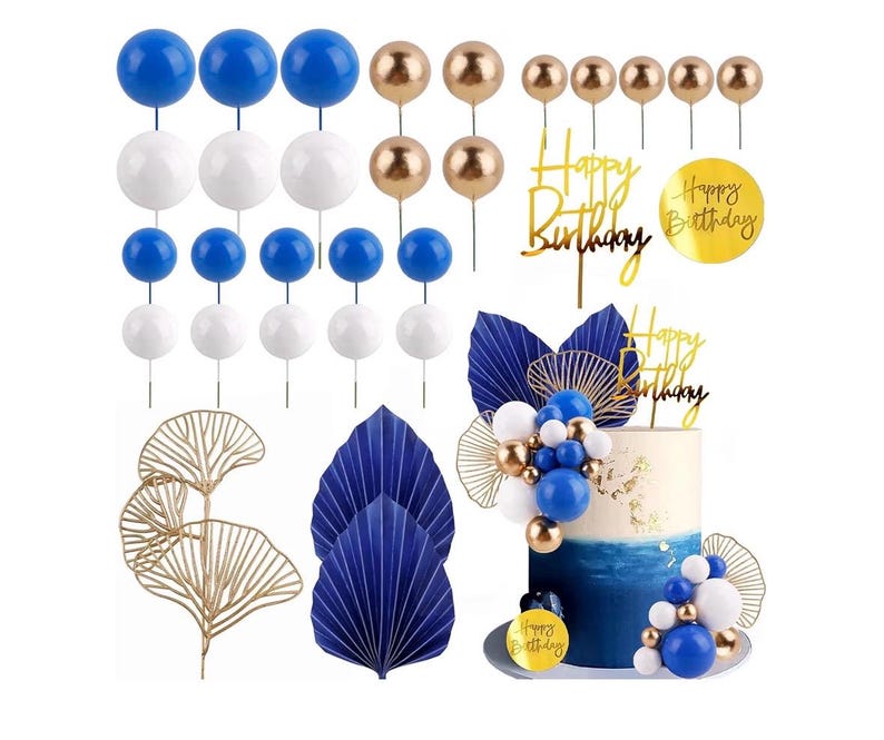Blue White Gold Ball Cake Toppers Balls Cupcake Toppers Foam Ball Shaped Cake Picks DIY Balloon Cake Insert Topper Ball Birthday Cake Decor