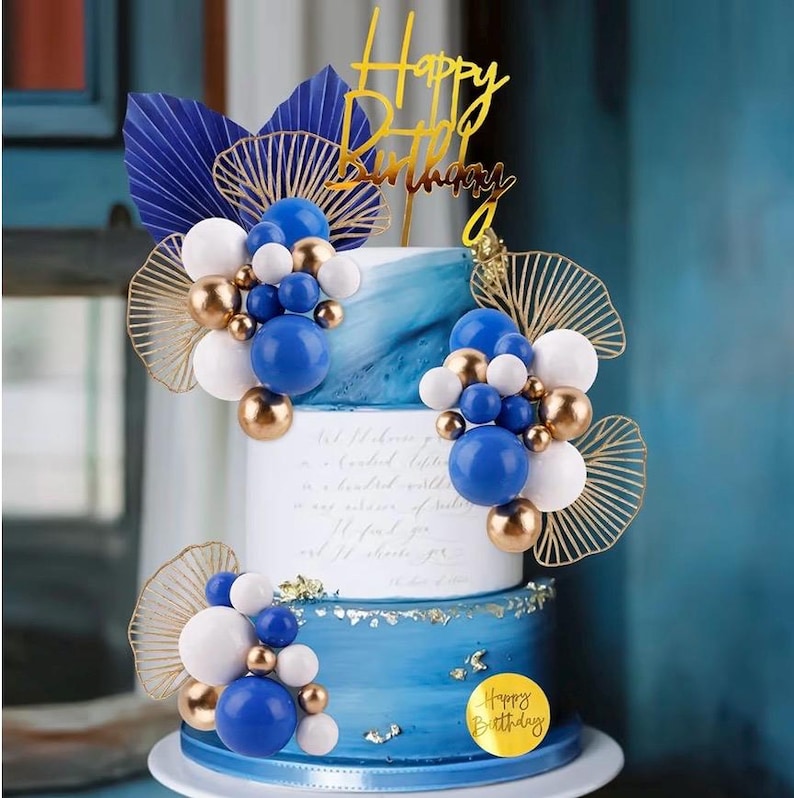 Blue White Gold Ball Cake Toppers Balls Cupcake Toppers Foam Ball Shaped Cake Picks DIY Balloon Cake Insert Topper Ball Birthday Cake Decor