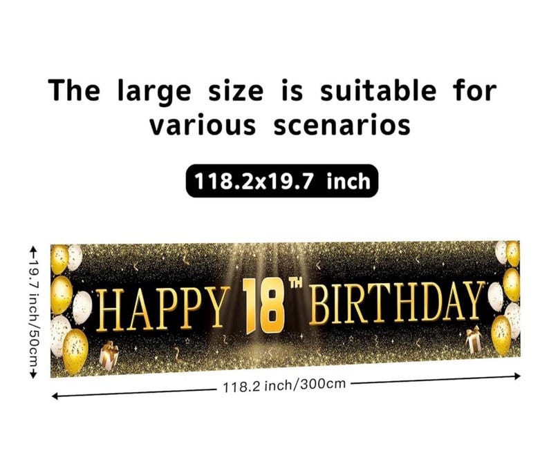 Black & Gold Happy 18th Birthday Banner Decorations  Extra Large Reusable Yard Sign for Boys, Girls ,Men, Coming of Age Indoor Outdoor Decor