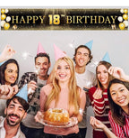Black & Gold Happy 18th Birthday Banner Decorations  Extra Large Reusable Yard Sign for Boys, Girls ,Men, Coming of Age Indoor Outdoor Decor