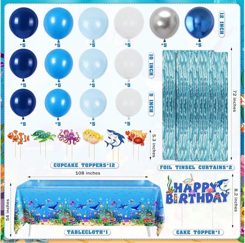 Under the Sea Party Decorations 98Pcs, Ocean Theme Birthday Party Supplies, Backdrop  Garlands Ocean Animals Balloons for Pool Beach Party