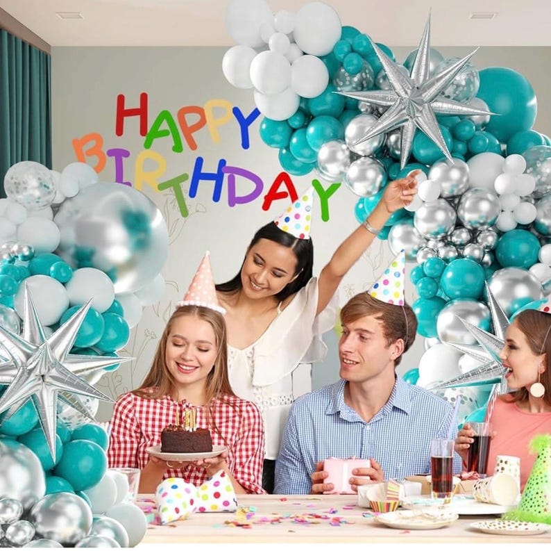 Teal Silver White Balloon Garland Arch Kit ,White Metallic Silver Teal Balloons 125pcs for Wedding Engagement Anniversary Bridal Baby Shower