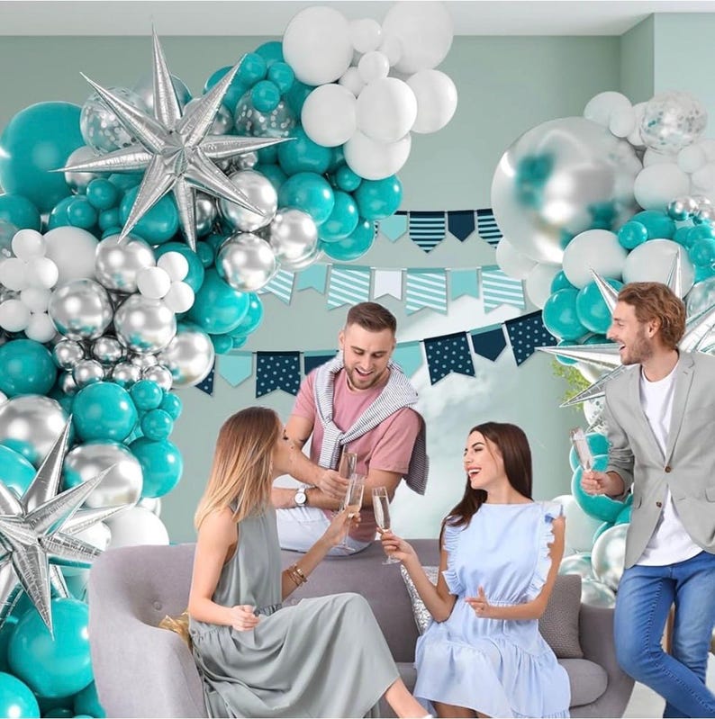 Teal Silver White Balloon Garland Arch Kit ,White Metallic Silver Teal Balloons 125pcs for Wedding Engagement Anniversary Bridal Baby Shower