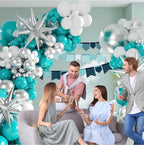 Teal Silver White Balloon Garland Arch Kit ,White Metallic Silver Teal Balloons 125pcs for Wedding Engagement Anniversary Bridal Baby Shower