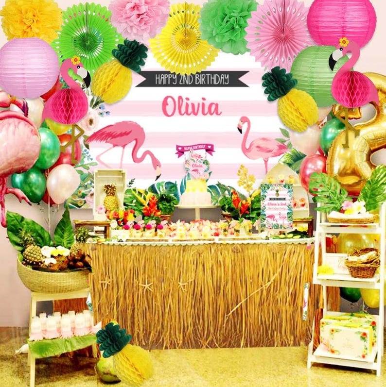 Flamingo Party Supplies, Hawaiian Party Decorations Flamingo and Pineapple Honeycomb Ball Paper Lanterns Paper Fans Pom poms Flowers