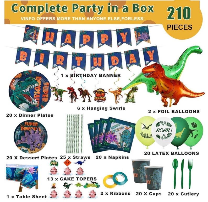 Dinosaur Birthday Party Supplies Kit For Boys, Dinosaur Party Decorations-20 Guest-Include Dino Plates Cups Napkins Banner Cutlery Balloon