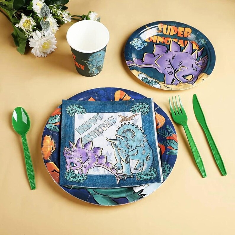 Dinosaur Birthday Party Supplies Kit For Boys, Dinosaur Party Decorations-20 Guest-Include Dino Plates Cups Napkins Banner Cutlery Balloon