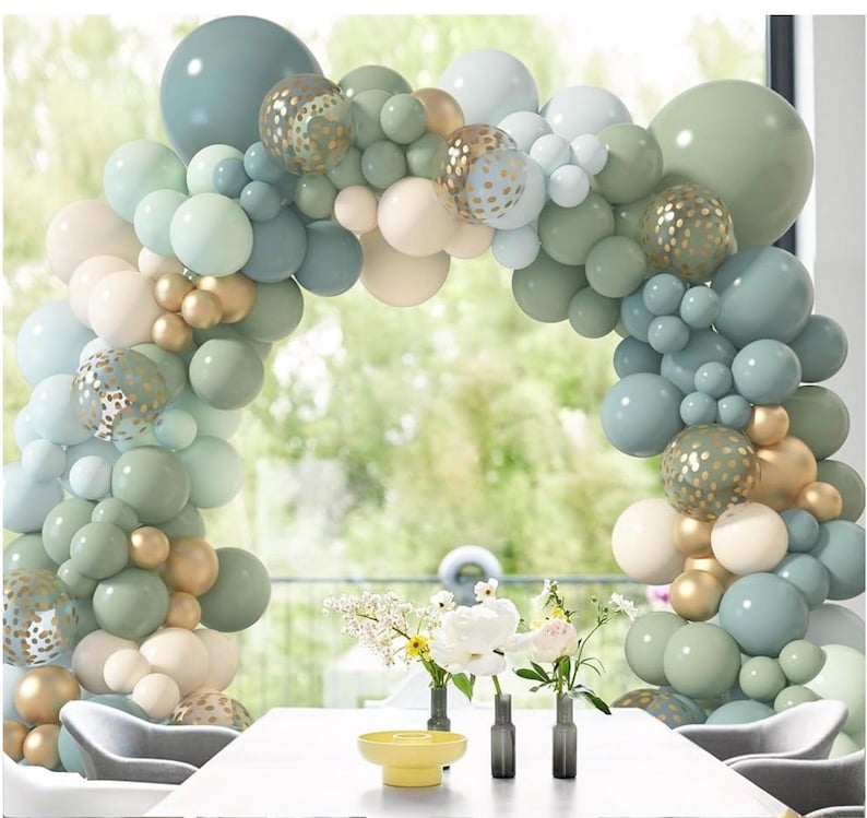 170Pcs Dusty Blue Green Balloon Garland Arch Kit Haze Fog Blue Ash Mist Sage Green Sand White Gold Confetti Balloons for Baby Shower Wedding