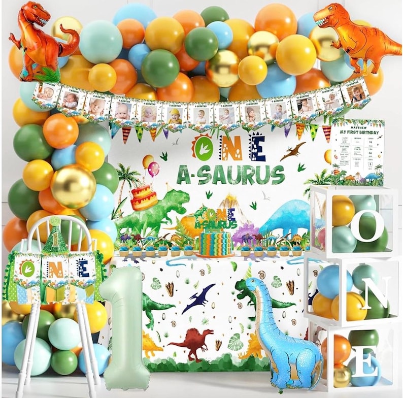 One a Saurus Birthday Decorations 105Pcs Dinosaur 1st Birthday Party Supplies for Boy Dinosaur Balloon Garland Balloon Box Backdrop , Banner