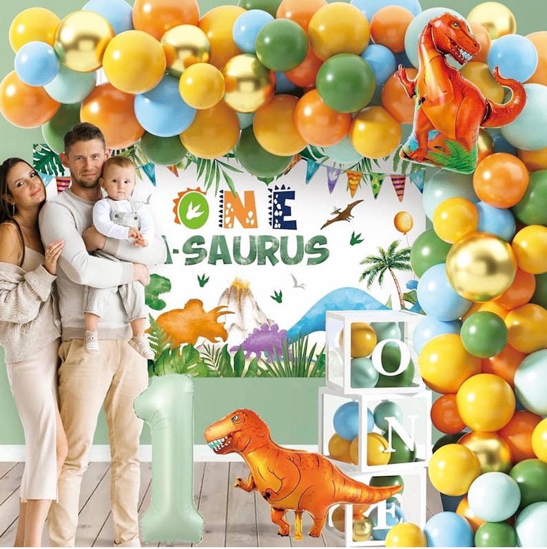 One a Saurus Birthday Decorations 105Pcs Dinosaur 1st Birthday Party Supplies for Boy Dinosaur Balloon Garland Balloon Box Backdrop , Banner