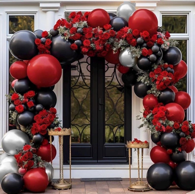 Black Red Silver Balloon Arch Kit - Double Stuffed Dark Red Ruby Black Balloon Garland Burgundy Maroon Metallic Color for Bday , Graduation