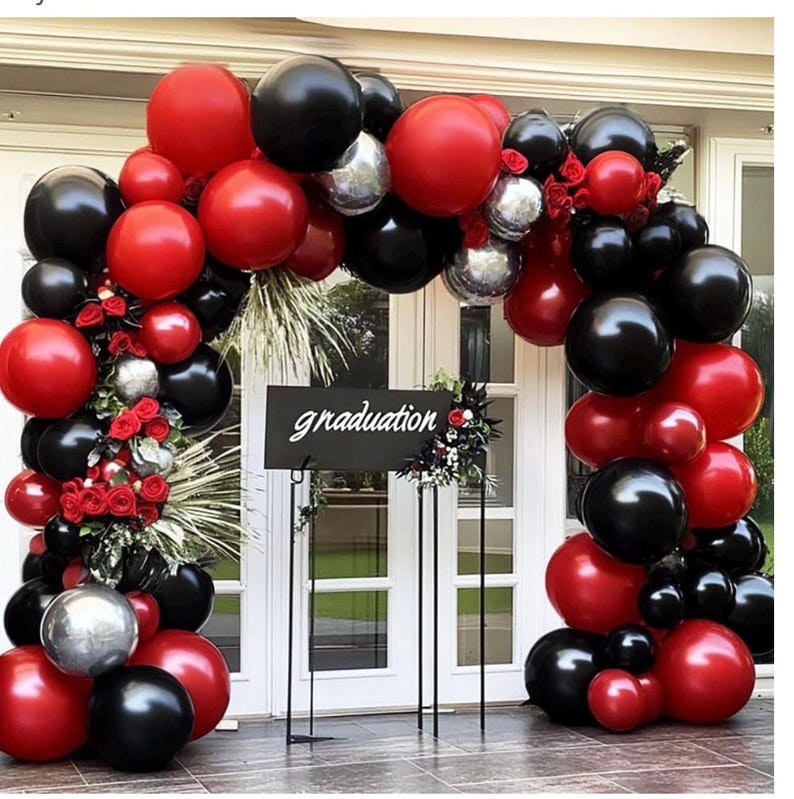 Black Red Silver Balloon Arch Kit - Double Stuffed Dark Red Ruby Black Balloon Garland Burgundy Maroon Metallic Color for Bday , Graduation