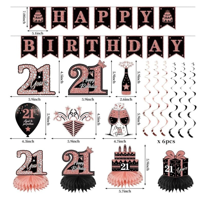 42PCS 21st Birthday Decorations Kit for Girls Women, Rose Gold Happy 21st Bday Banner Balloon Honeycomb Centerpiece Swirl Paper Pompom Party