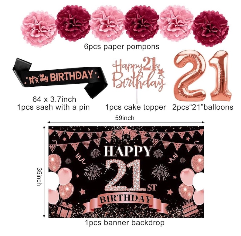 42PCS 21st Birthday Decorations Kit for Girls Women, Rose Gold Happy 21st Bday Banner Balloon Honeycomb Centerpiece Swirl Paper Pompom Party