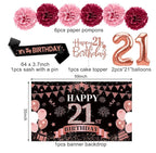 42PCS 21st Birthday Decorations Kit for Girls Women, Rose Gold Happy 21st Bday Banner Balloon Honeycomb Centerpiece Swirl Paper Pompom Party