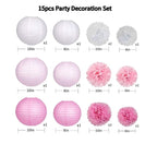 15Pcs Party Pack Paper Lanterns and Pom Pom Balls Hanging Decoration for Wedding Birthday Baby Shower-Pink/White