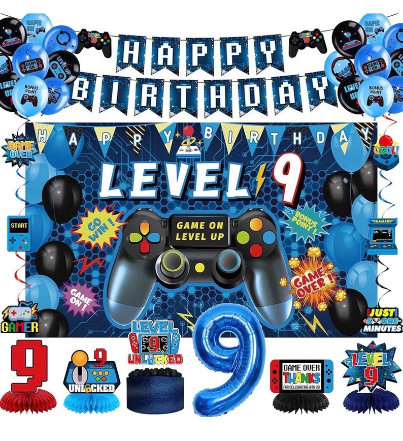 9th Birthday Decorations for Boys ,Green Video Game Level 9 Banner Backdrop Honeycomb Centerpieces Hanging Swirls for Gamer 9 Years Old