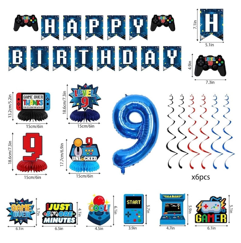 9th Birthday Decorations for Boys ,Green Video Game Level 9 Banner Backdrop Honeycomb Centerpieces Hanging Swirls for Gamer 9 Years Old