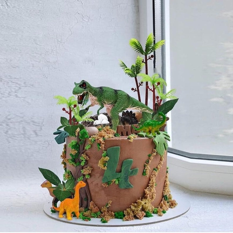 26 PCS Dinosaur Cake Toppers With Dinosaur Eggs Leaves Trees Cake Decorations For Birthday,Dinosaur Themed,Jungle Safari, Wild Animals Party