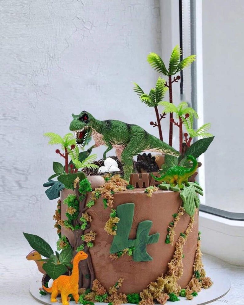 26 PCS Dinosaur Cake Toppers With Dinosaur Eggs Leaves Trees Cake Decorations For Birthday,Dinosaur Themed,Jungle Safari, Wild Animals Party