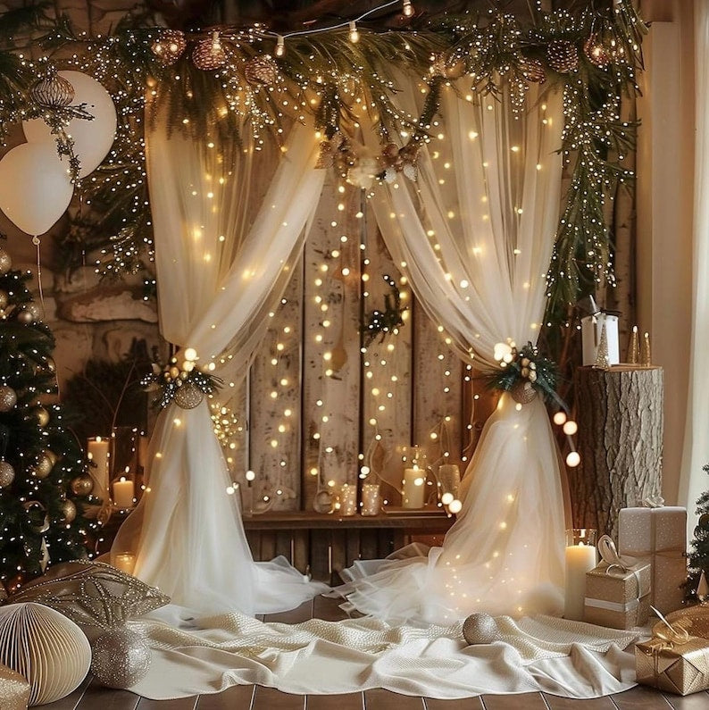 Champagne Tulle Backdrop Curtains with Lights String 10FTX8FT Sheer Curtains with Lights Tulle Curtains Backdrop for Wedding Birthday Party