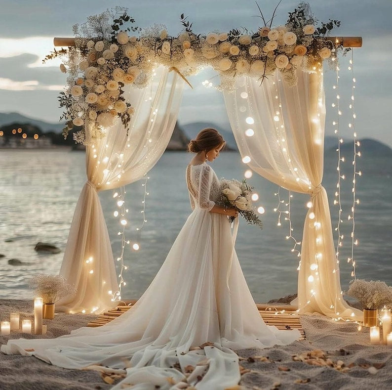 Champagne Tulle Backdrop Curtains with Lights String 10FTX8FT Sheer Curtains with Lights Tulle Curtains Backdrop for Wedding Birthday Party