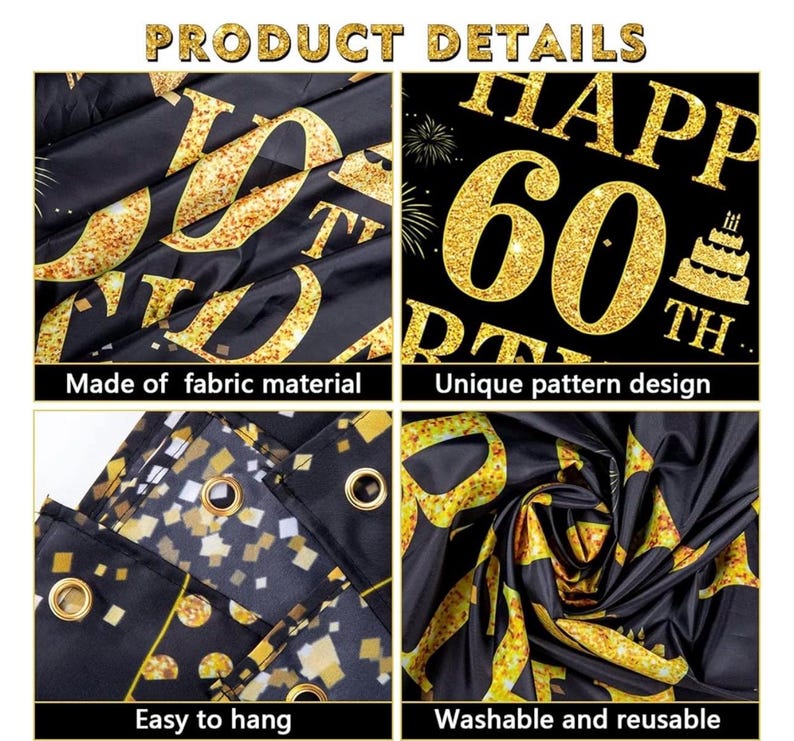 60th Birthday Decorations for Men Women - Happy 60th Birthday Banner Party decorations Cheers to 60 Years Birthday Party Suppiles Black Gold