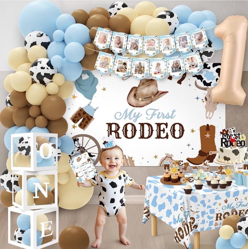 My First Rodeo Birthday Party Decorations, Cowboy 1st Birthday Party Supplies,First Rodeo Birthday Backdrop Balloons Arch Box for 1 Year Old