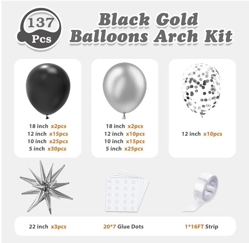 137Pcs Black and Silver Balloons Garland Arch Kit with Stars - 5 10 12 18 in Black Silver Confetti Latex Party Balloons for 2026 Graduation