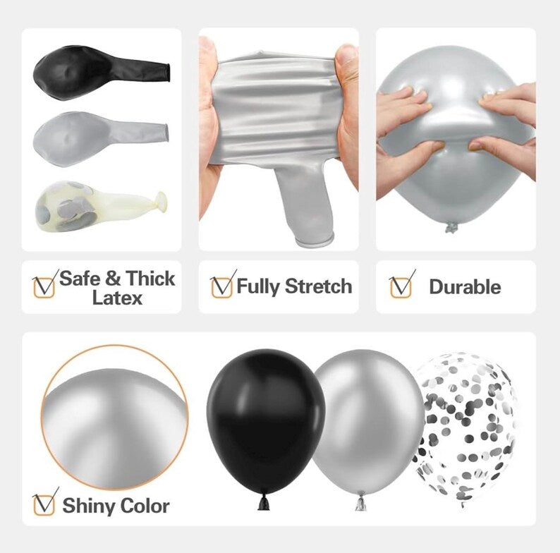 137Pcs Black and Silver Balloons Garland Arch Kit with Stars - 5 10 12 18 in Black Silver Confetti Latex Party Balloons for 2026 Graduation