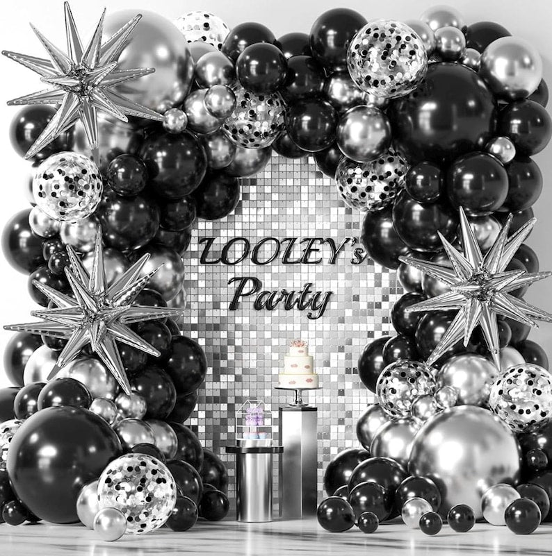 137Pcs Black and Silver Balloons Garland Arch Kit with Stars - 5 10 12 18 in Black Silver Confetti Latex Party Balloons for 2026 Graduation