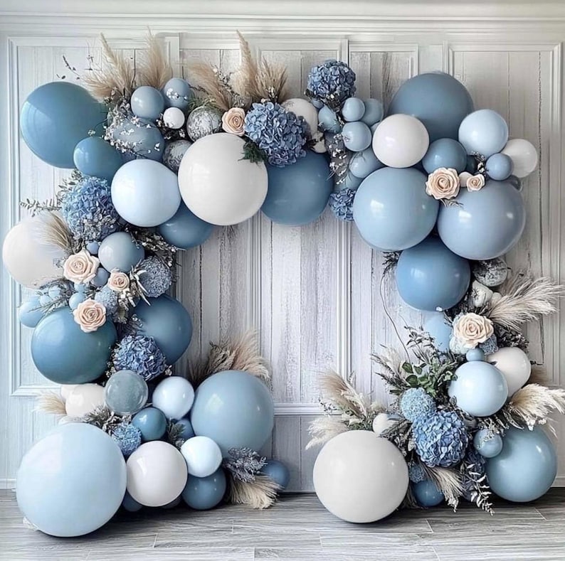 Dusty Blue White Balloon Arch - Double Stuffed Pastel Slate Baby Blue Matte White Latex Balloon Garland Kit for Wedding Baby Shower Birthday