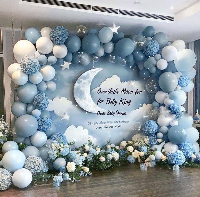 Dusty Blue White Balloon Arch - Double Stuffed Pastel Slate Baby Blue Matte White Latex Balloon Garland Kit for Wedding Baby Shower Birthday