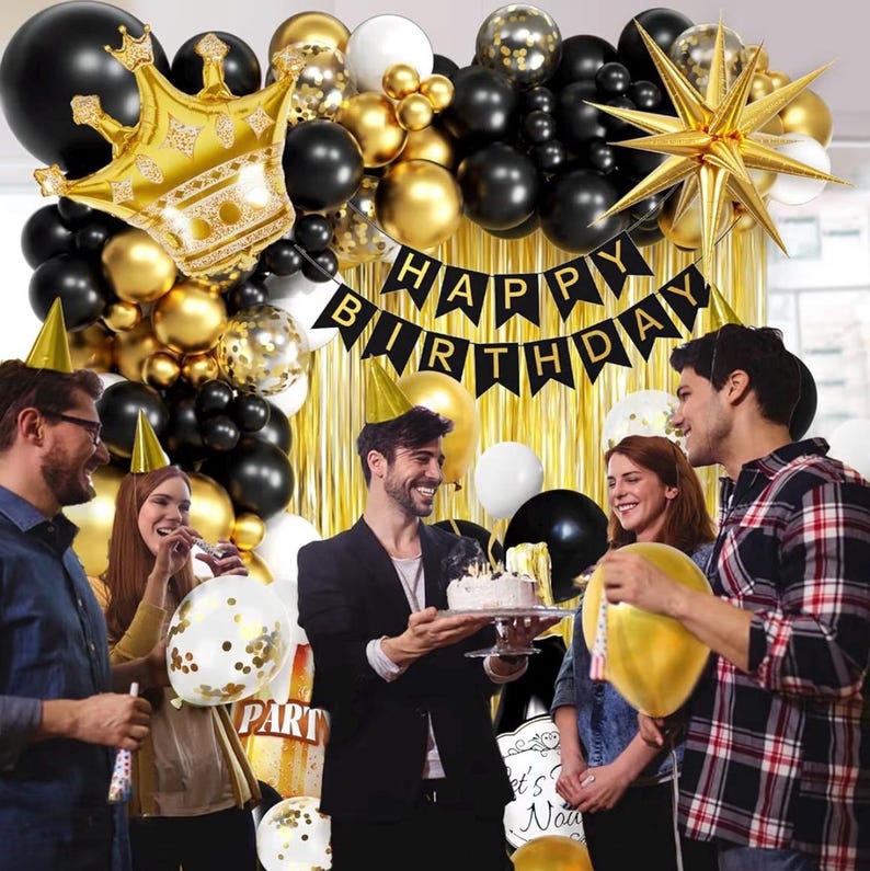 107pcs Black Gold Birthday Decorations for Men with Black and Metallic Gold Foil Balloons Happy Birthday Banner for 16th 18th 21st 24th 32th