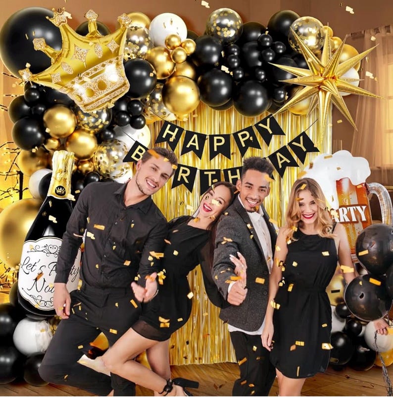 107pcs Black Gold Birthday Decorations for Men with Black and Metallic Gold Foil Balloons Happy Birthday Banner for 16th 18th 21st 24th 32th