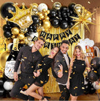 107pcs Black Gold Birthday Decorations for Men with Black and Metallic Gold Foil Balloons Happy Birthday Banner for 16th 18th 21st 24th 32th