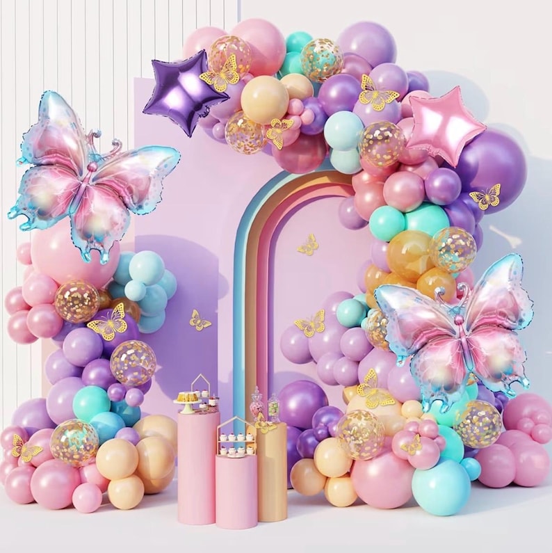 163Pcs Butterfly Pink and Purple Balloons Garland Arch Kit, Birthday Baby Shower Decorations Pink Purple Blue Confetti Star Balloons