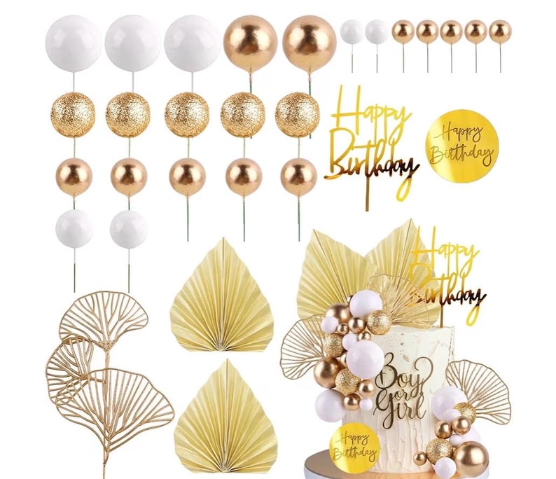 Write Gold Balls Cake Toppers Champagne Rose Cake Decoration with Gold Palm Leaves Boho Birthday Cake Decoration Balloon Cake for Birthday