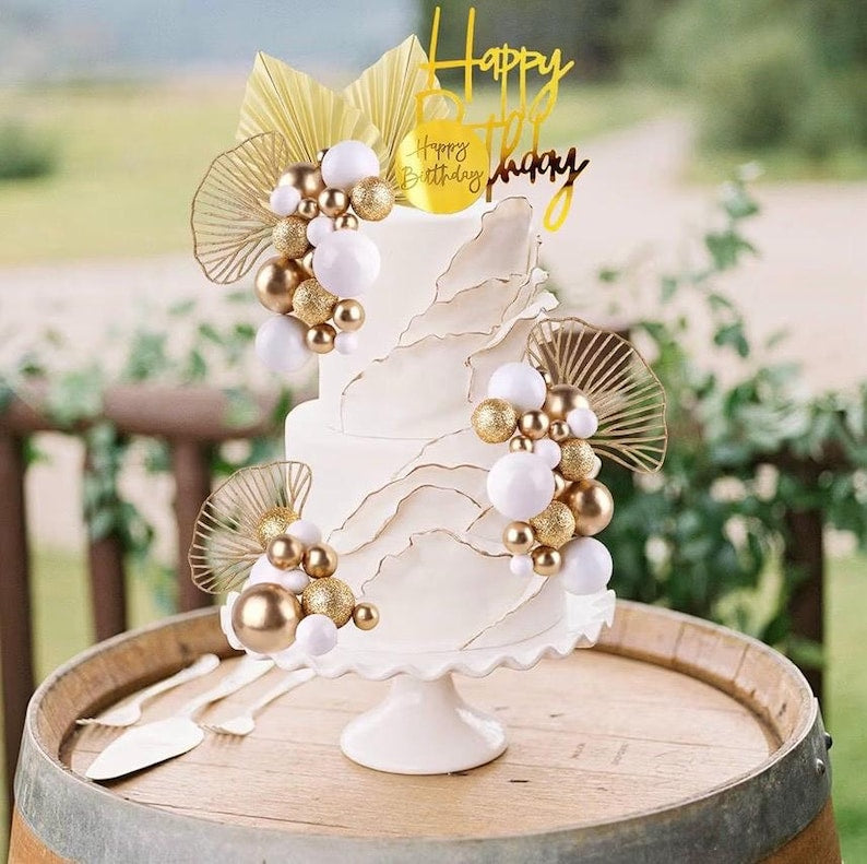 Write Gold Balls Cake Toppers Champagne Rose Cake Decoration with Gold Palm Leaves Boho Birthday Cake Decoration Balloon Cake for Birthday
